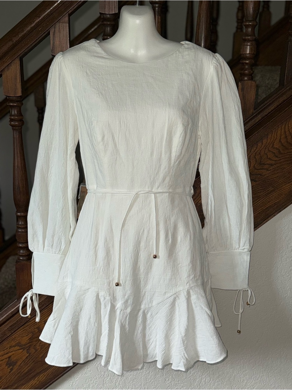 Here Comes The Sun White Textured Open Back Ruffle Mini Dress NWT Medium